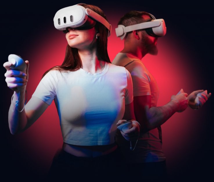 Two players in Meta Quest 3 VR headsets back-to-back